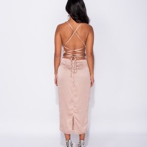 Champagne Satin Cowl Neck Tie Up Back Bodycon Midi Dress